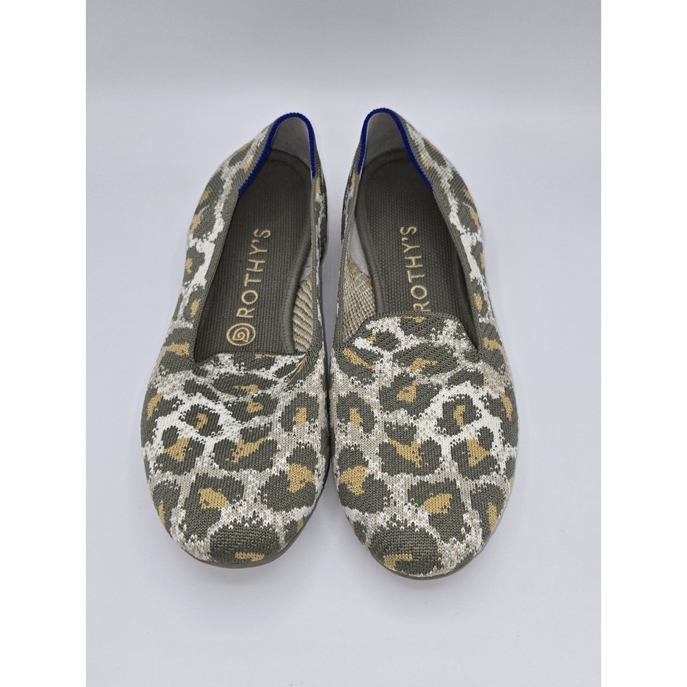 Rothys The Loafer Wildcat Leopard Print Knit Flat Shoes Womens 9.5‎ Olive Tan